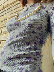 Waffle Star Print Slim Long Sleeve Knit
