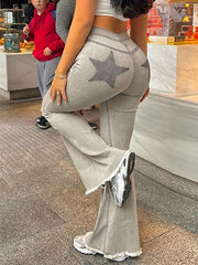 Washed Gray Star Print High Waist Stretchy Flare Jeans