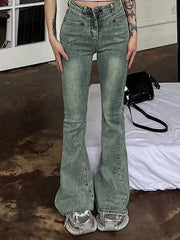 Washed Irregular Pocket Design High Waist Flare Jeans