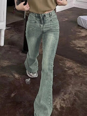 Washed Irregular Pocket Design High Waist Flare Jeans