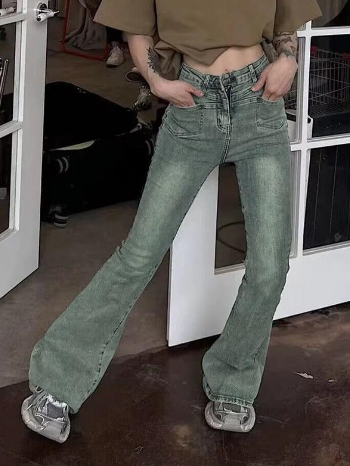 Washed Irregular Pocket Design High Waist Flare Jeans