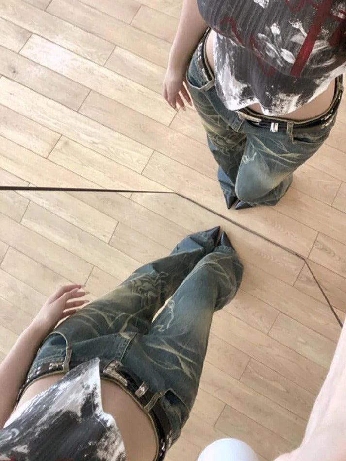 Washed Irregular Print Low Waist Flare Jeans