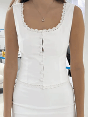 White Lace Trim Button Front Tank Top