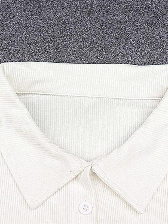 White Lapel Neck Breasted Crop Slim Long Sleeve Blouse