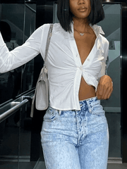 White Ruched Cropped Long Sleeve Blouse