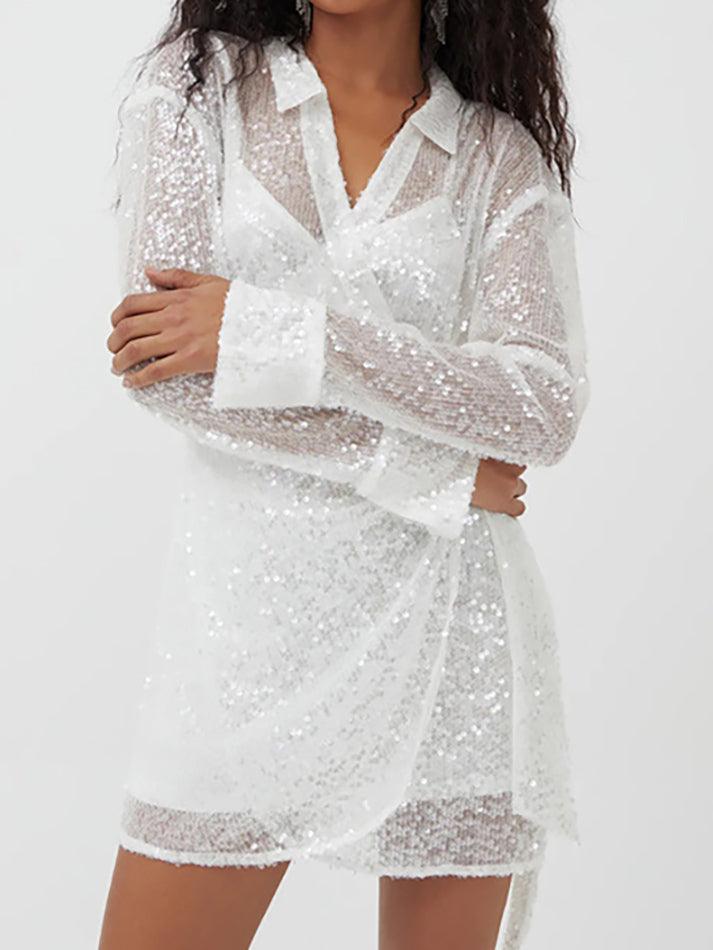 White Sequin Shirt Mini Dress