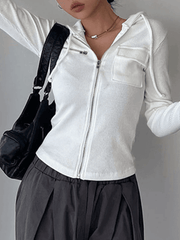 White Zip-Up Hooded Cropped Knit Top