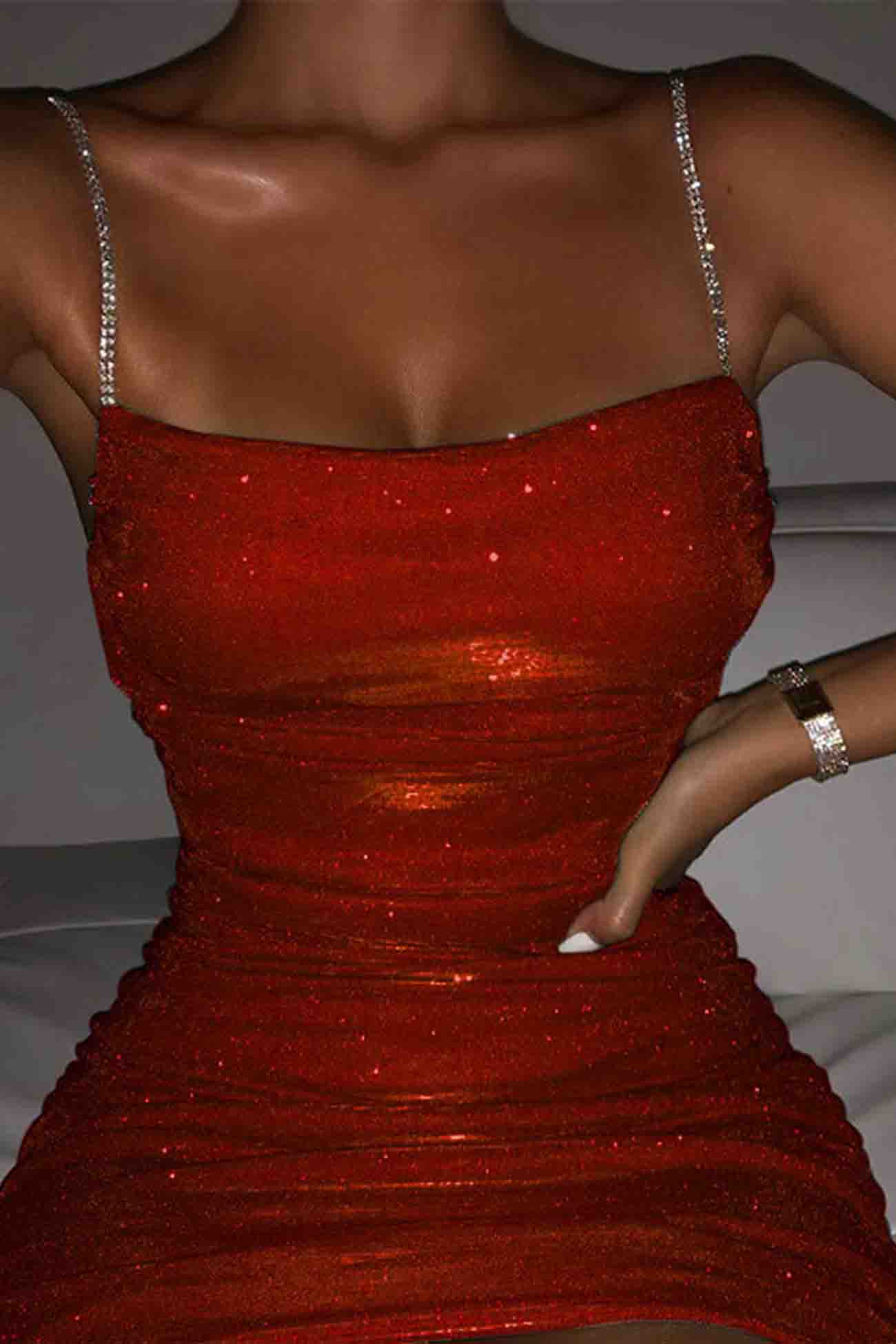 BXOXO - Rhinestone Ruched Chain Cami Dress