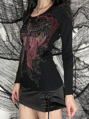 Wing Cross Rhinestone Print Long Sleeve Tee