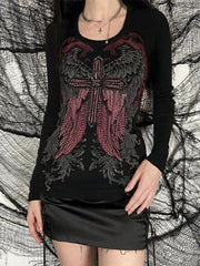 Wing Cross Rhinestone Print Long Sleeve Tee
