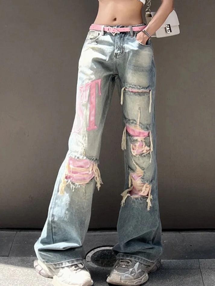 Y2K Pink Ripped Embroidery Boyfriend Jeans