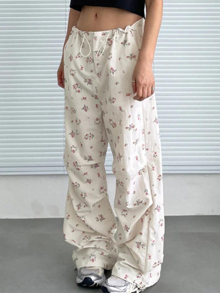 Low Waist Drawstring Disty Floral Print Wide Leg Pants