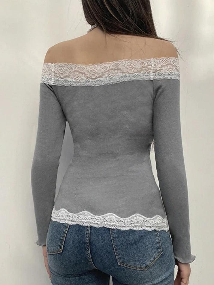 Off Shoulder Lace Trim Tie Up Long Sleeve Knit