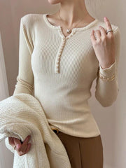 Solid Ribbed Breasted Long Sleeve Knit