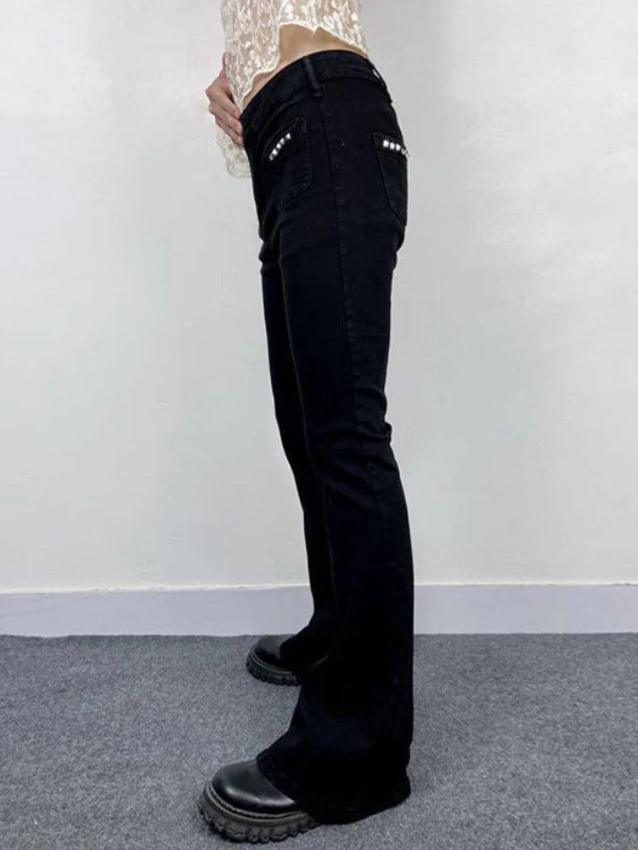 Low Rise Studded Elastic Flare Jeans