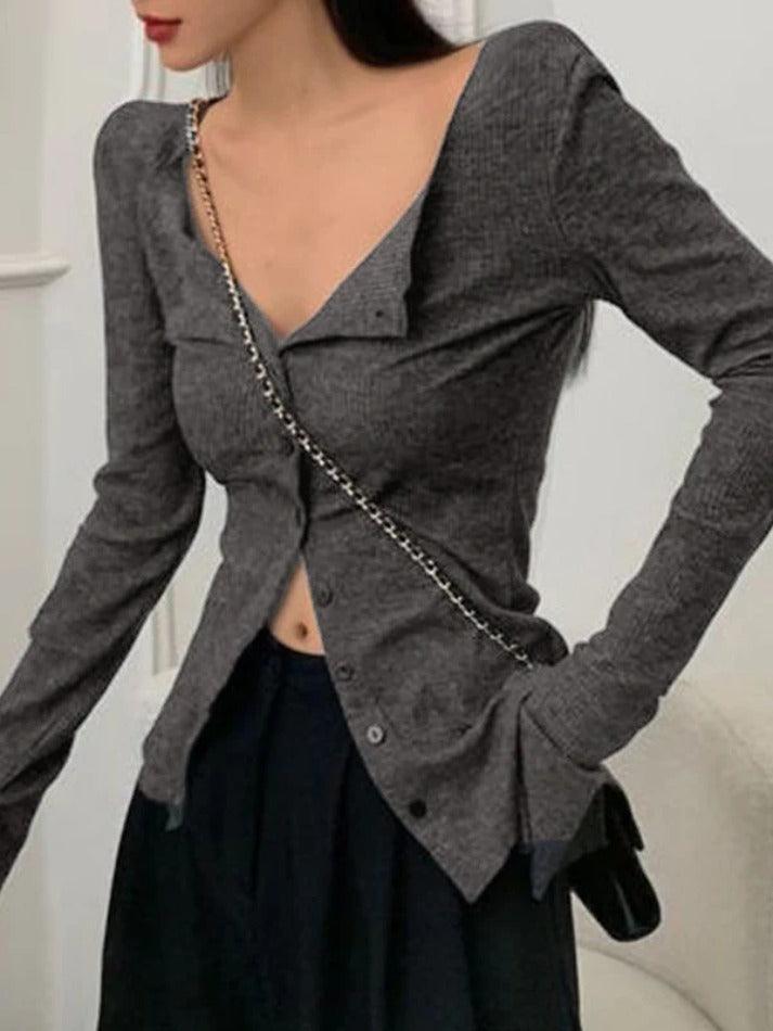 Solid Color V Neck Slit Sleeve Long Sleeve Knit