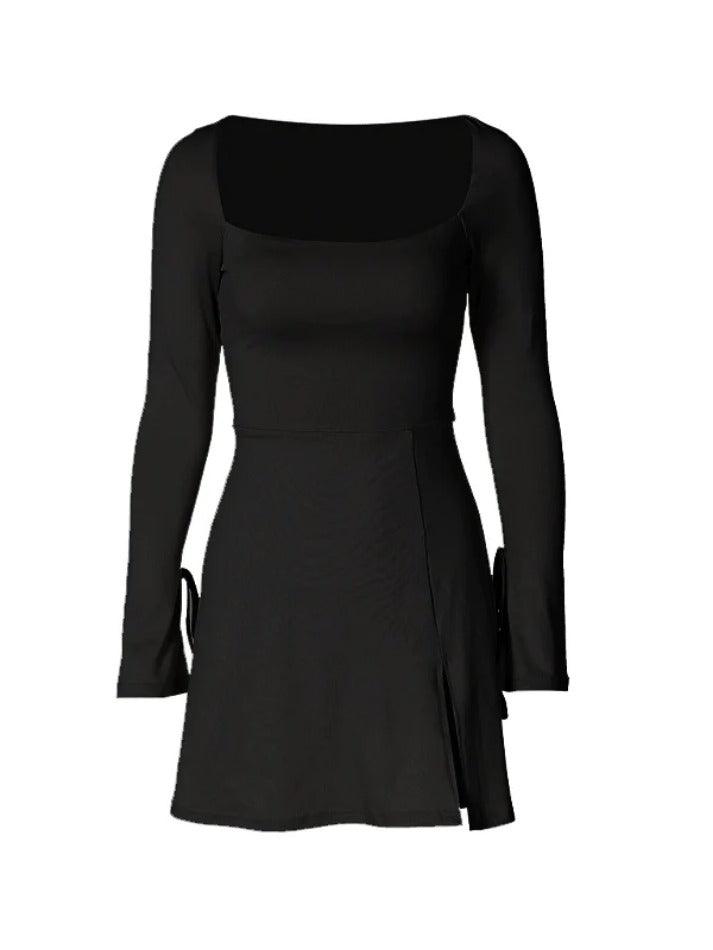 Solid Square Neck Trumpet Sleeve Split Mini Dress