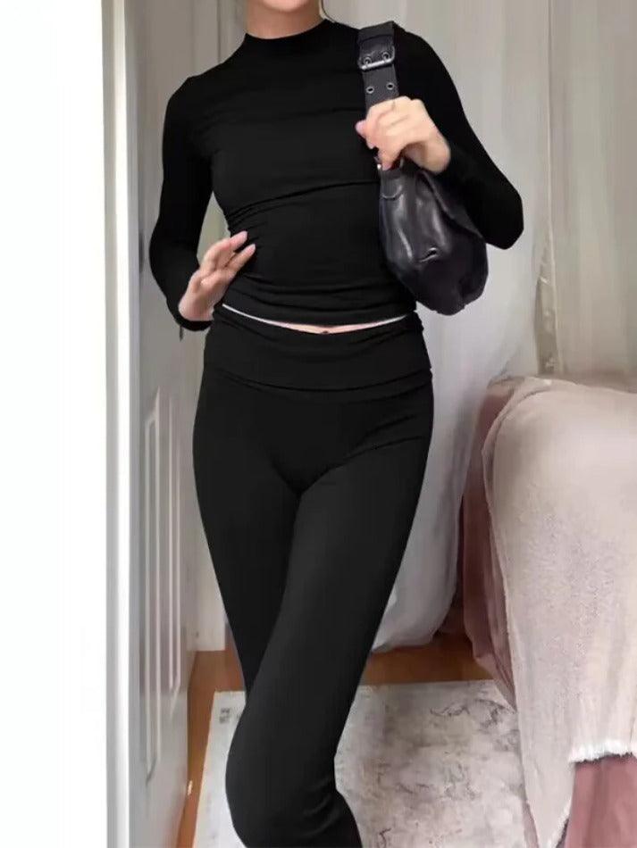 Solid Slim Long Sleeve Tee & Flare Leg Pants Set