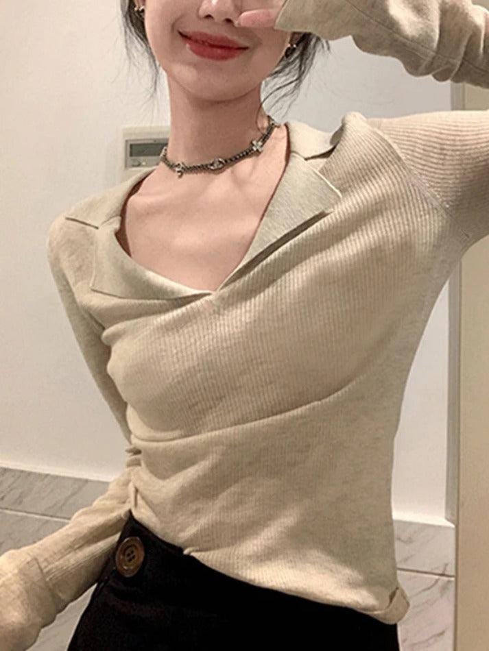 Solid V Neck Slim Long Sleeve Knit