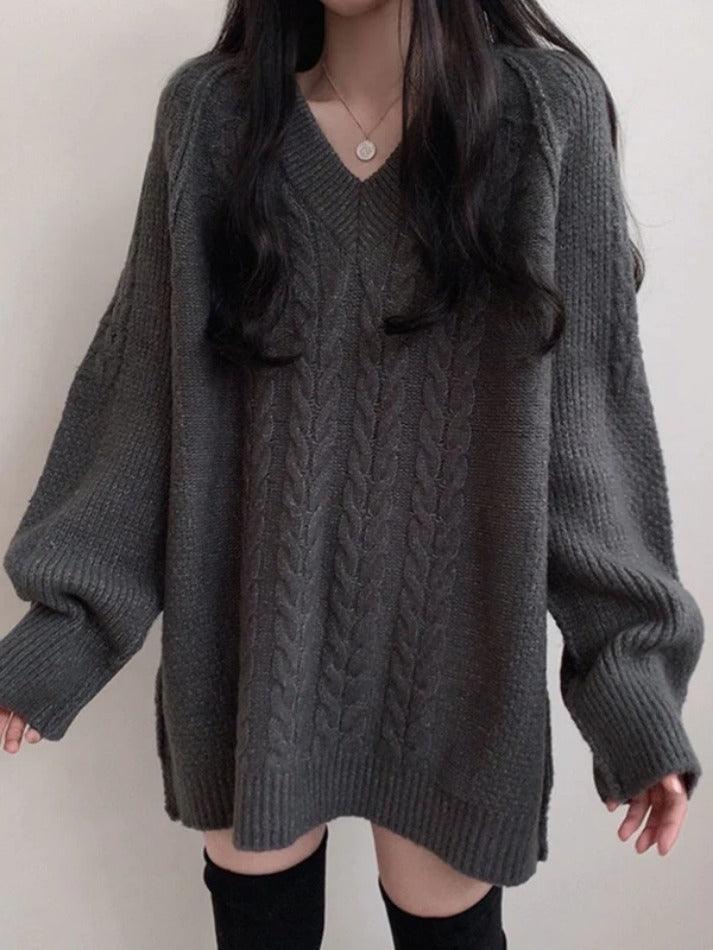 Solid Color V Neck Cable Knit Sweater