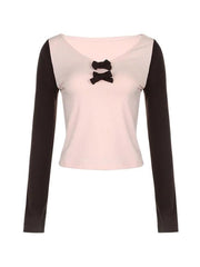 Contrast Color Splice Bow Decor Slim Long Sleeve Tee