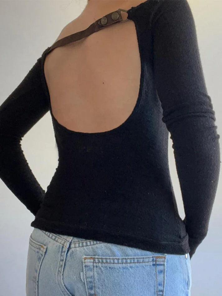 Solid Off Shoulder Backless Long Sleeve Tee