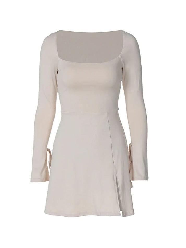 Solid Square Neck Trumpet Sleeve Split Mini Dress