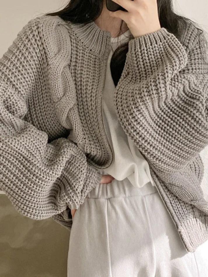 Solid Zip Up Crochet Cable Knit Cardigan