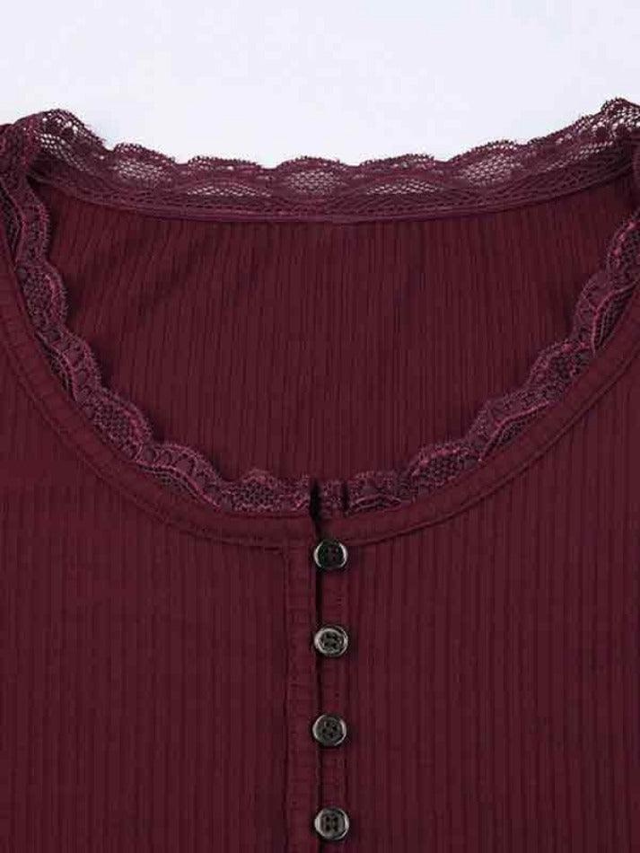 Solid Lace Trim Breasted Long Sleeve Knit