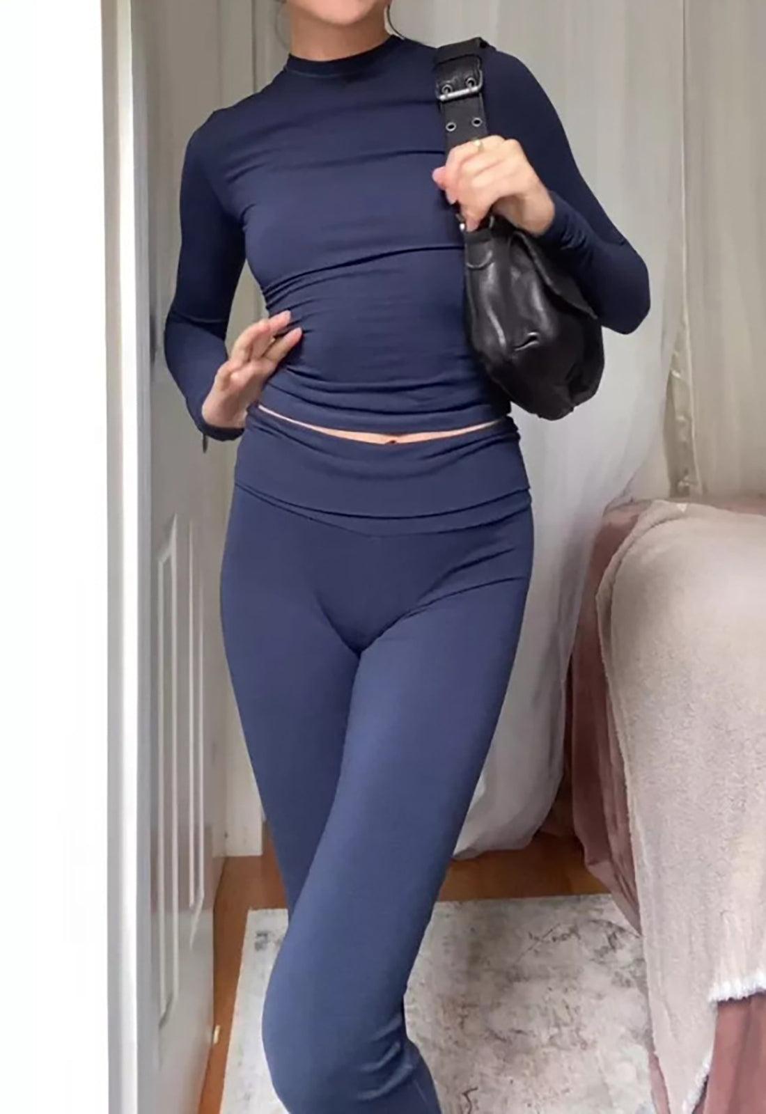 Long Sleeve Cropped Top Fold-over Flare Pants Set