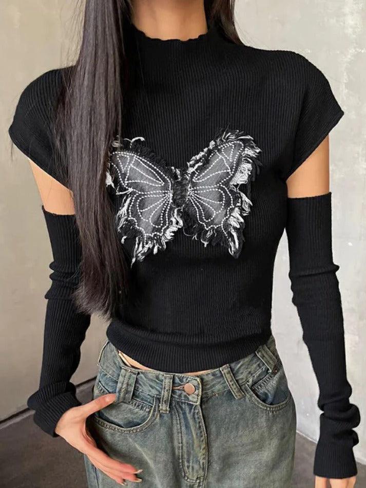 Butterfly Patch Mock Neck With Cuff Long Sleeve Knit