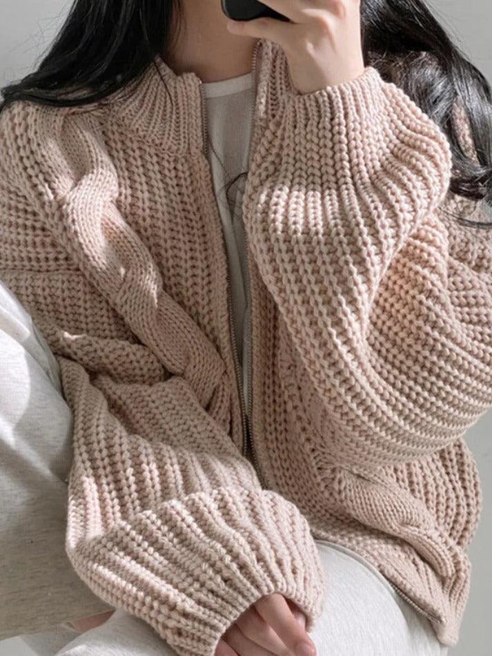 Solid Zip Up Crochet Cable Knit Cardigan