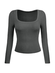 Solid U Neck Slim Long Sleeve Knit