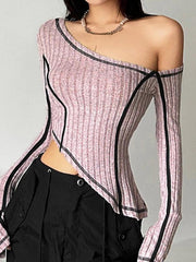 Slanted Shoulder Splice Irregular Hem Long Sleeve Knit