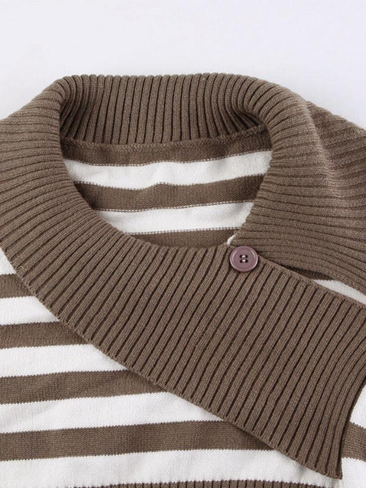 Contrast Color Striped Splice Big Lapel Neck Slim Sweater