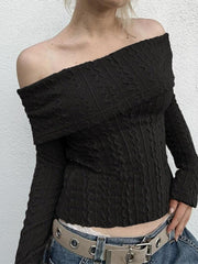 Solid Off Shoulder Slim Cable Knit Long Sleeve Knit