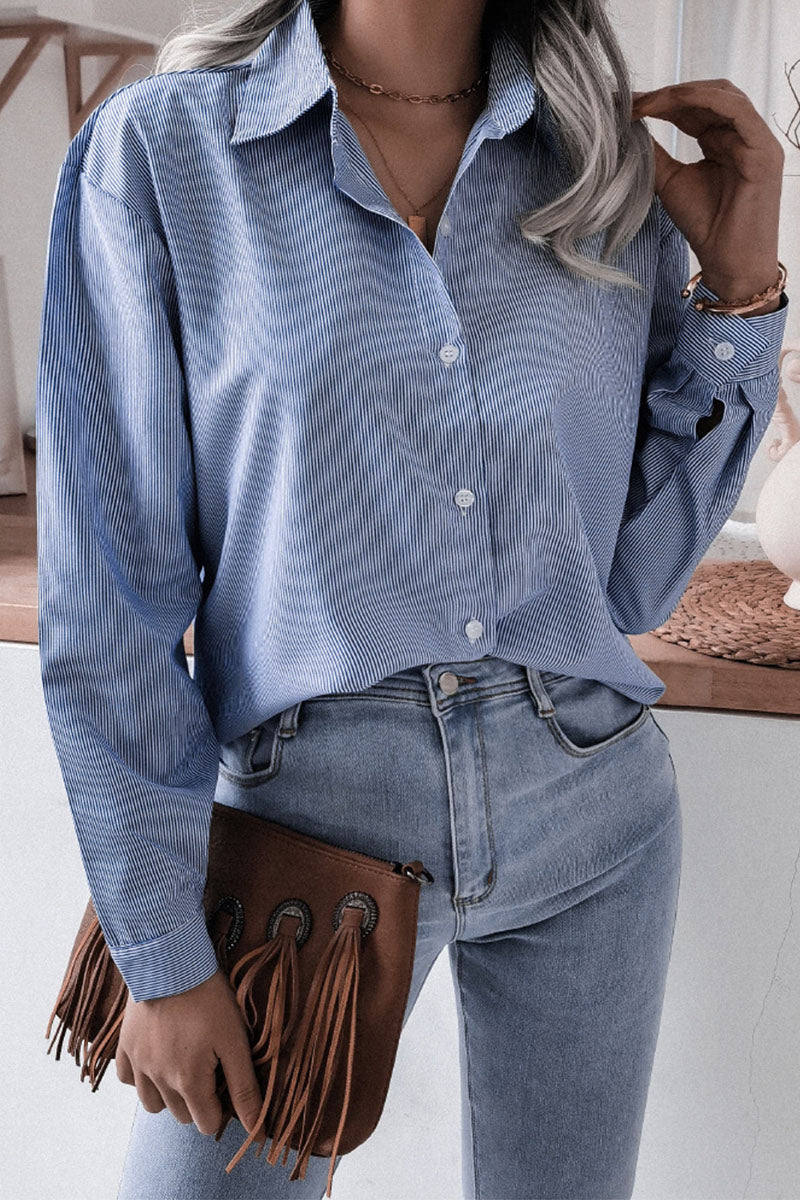 Bxoxo - Fashion Casual Striped Solid Turndown Collar Tops