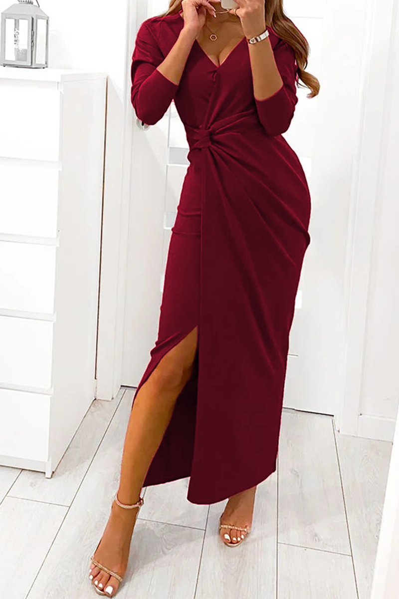 Bxoxo - Elegant Solid Slit Fold V Neck Evening Dress Dresses(4 Colors)