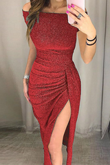 Bxoxo - Fashion Elegant Solid Slit Sequined Off the Shoulder Wrapped Skirt Dresses