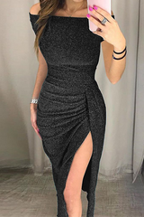 Bxoxo - Fashion Elegant Solid Slit Sequined Off the Shoulder Wrapped Skirt Dresses