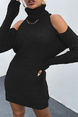 Bxoxo - Casual Elegant Solid Hollowed Out Patchwork Turtleneck Dresses Sweater (Without Belt)