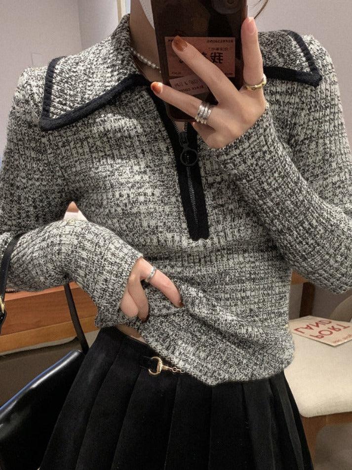 Lapel Neck Half Zip Sweater