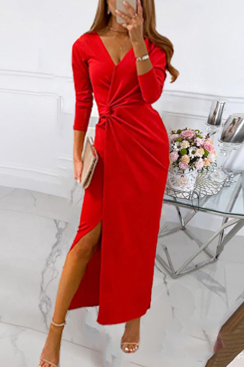 Bxoxo - Elegant Solid Slit Fold V Neck Evening Dress Dresses(4 Colors)