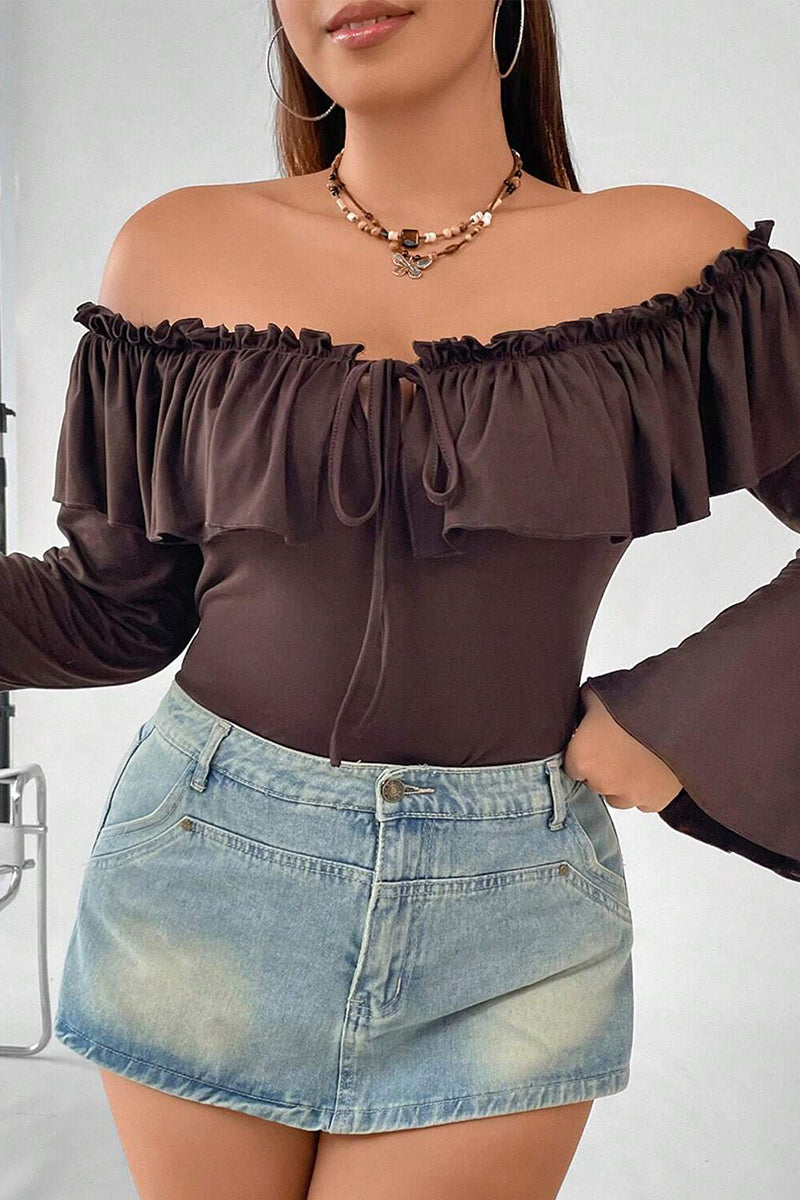 Bxoxo - Sexy Solid Flounce Off the Shoulder Plus Size Tops