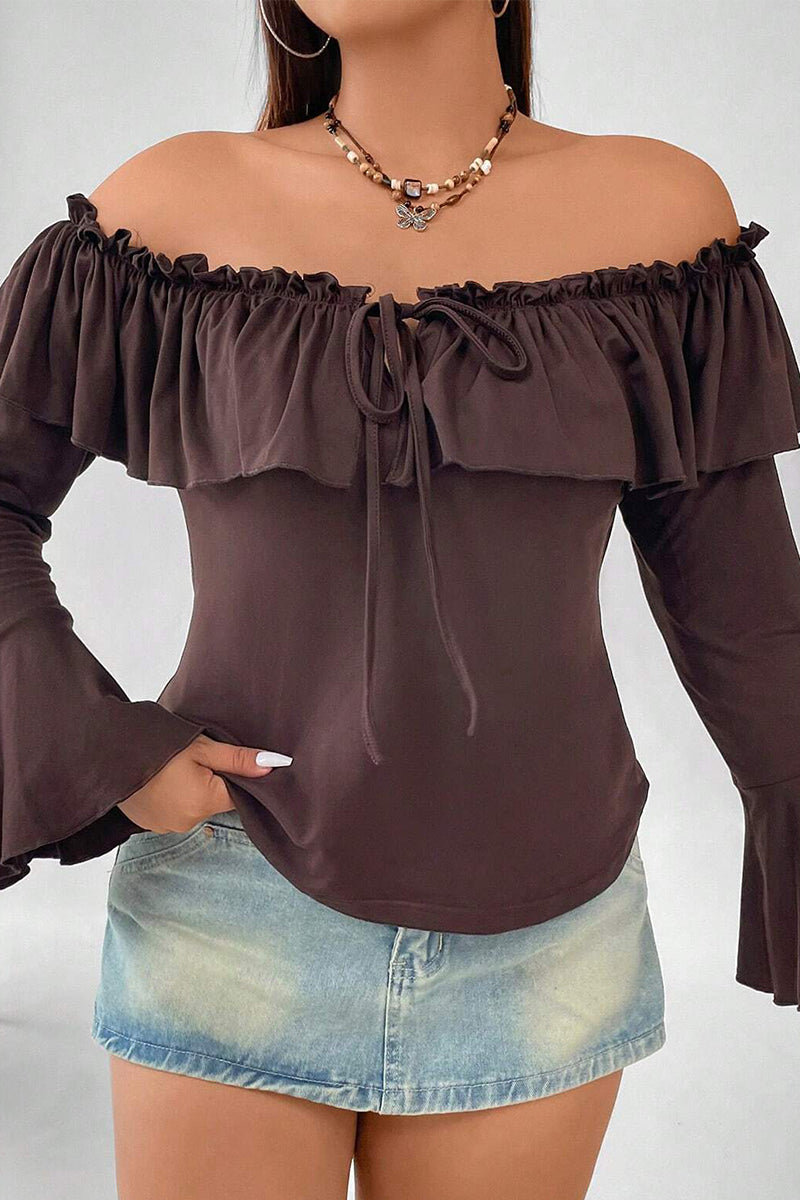 Bxoxo - Sexy Solid Flounce Off the Shoulder Plus Size Tops