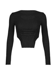 Solid Fake Two Piece Cutout Irregular Hem Long Sleeve Tee