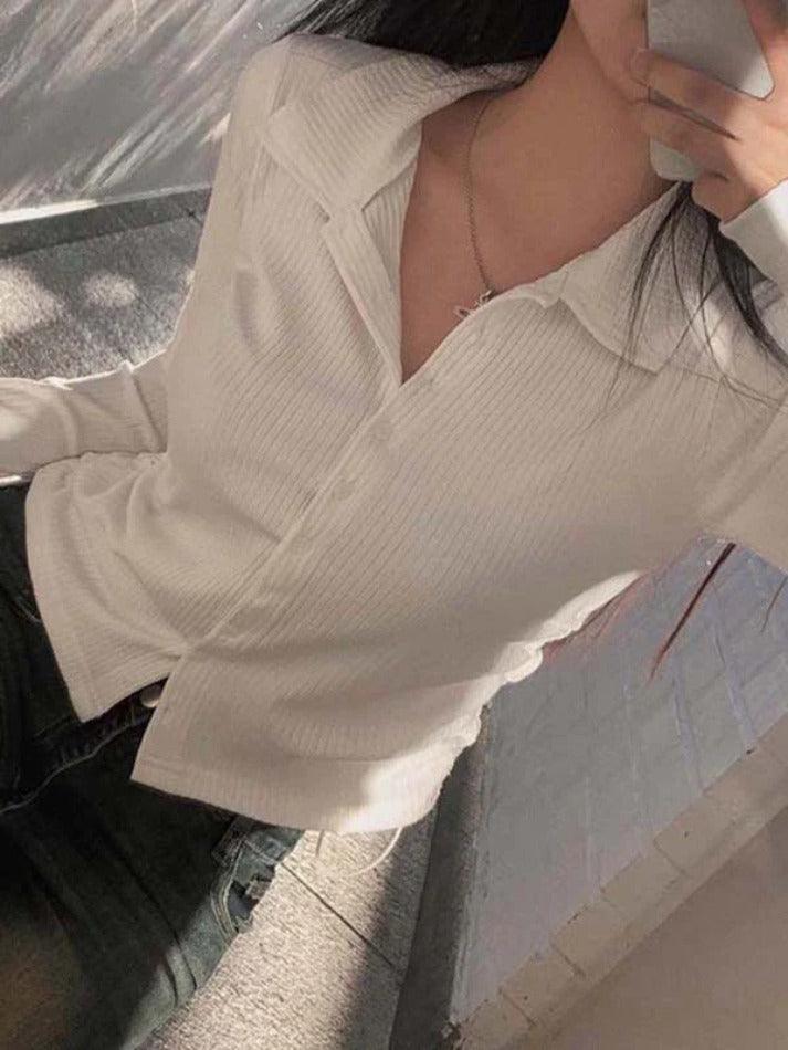 Solid Side Drawstring Ruched Breasted Long Sleeve Blouse