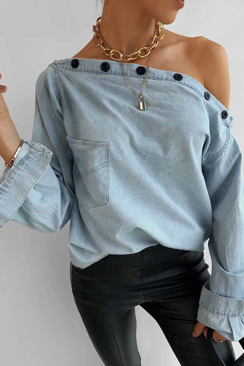 Bxoxo - Spring Button-Neck Off-Shoulder Long-Sleeved Denim Shirt
