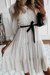 Bxoxo - Elegant White Black Dot Print Round Neck Tie Midi Dress