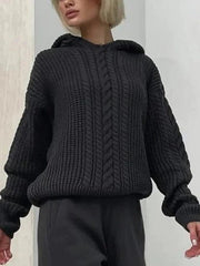 Solid Color Hooded Cable Knit Sweater